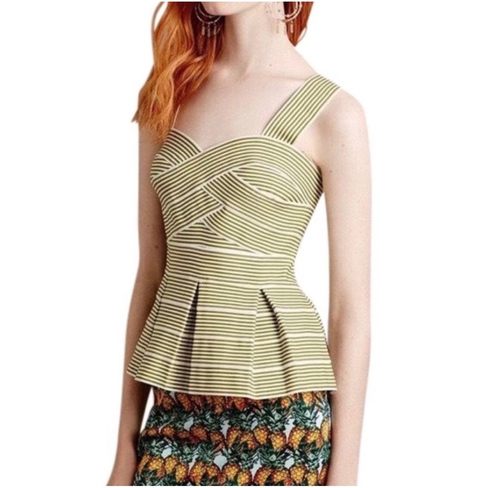 Anthropologie HD in Paris Cabana Green Striped Peplum Bandage Tank Top S